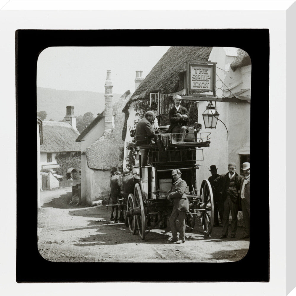A magic lantern slide showing Birt Acres sitting on a coach whilst attending a meeting of photographers in Porlock, c.1893. stretched canvas large none Art Print - Science Museum Shop