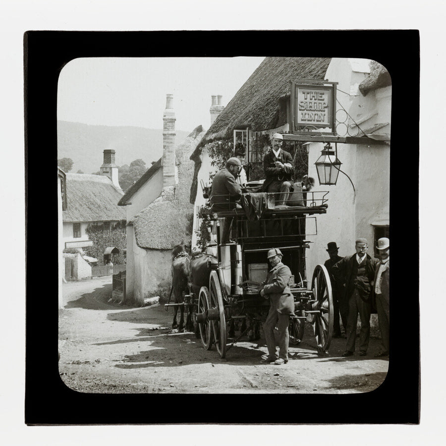 A magic lantern slide showing Birt Acres sitting on a coach whilst attending a meeting of photographers in Porlock, c.1893. Art Print - Science Museum Shop