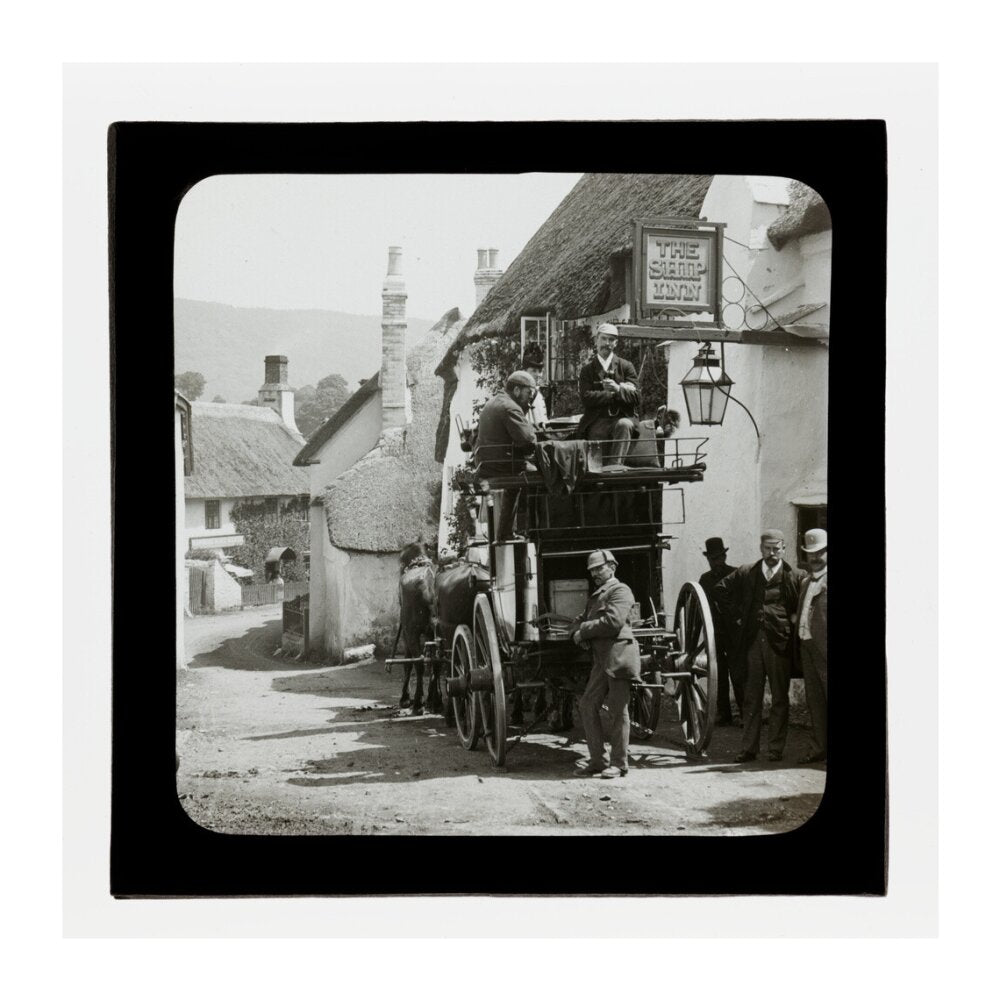 A magic lantern slide showing Birt Acres sitting on a coach whilst attending a meeting of photographers in Porlock, c.1893. unstretched canvas extra large none Art Print - Science Museum Shop