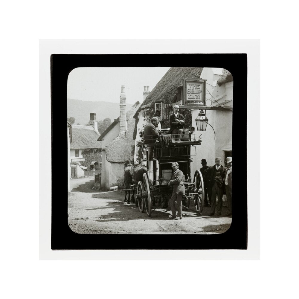 A magic lantern slide showing Birt Acres sitting on a coach whilst attending a meeting of photographers in Porlock, c.1893. unstretched canvas small none Art Print - Science Museum Shop