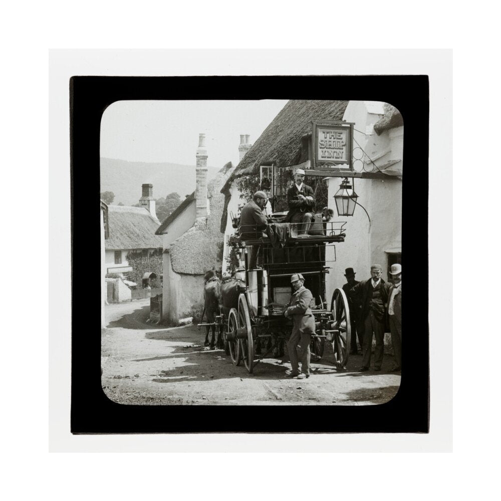 A magic lantern slide showing Birt Acres sitting on a coach whilst attending a meeting of photographers in Porlock, c.1893. unstretched canvas medium none Art Print - Science Museum Shop