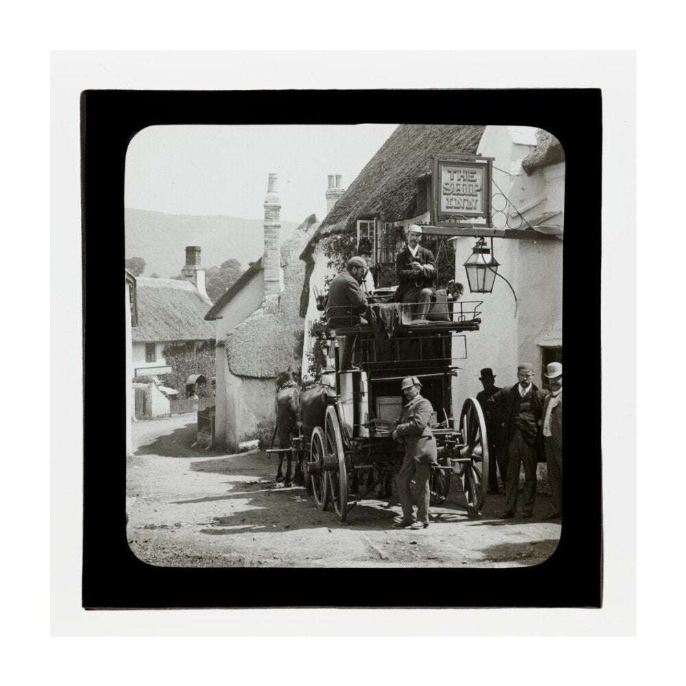A magic lantern slide showing Birt Acres sitting on a coach whilst attending a meeting of photographers in Porlock, c.1893. unstretched canvas large none Art Print - Science Museum Shop