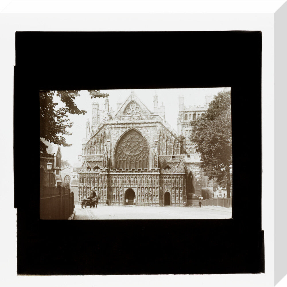 A magic lantern slide showing the west front of Exeter Cathdral by Birt Acres, c. 1893. stretched canvas medium none Art Print - Science Museum Shop