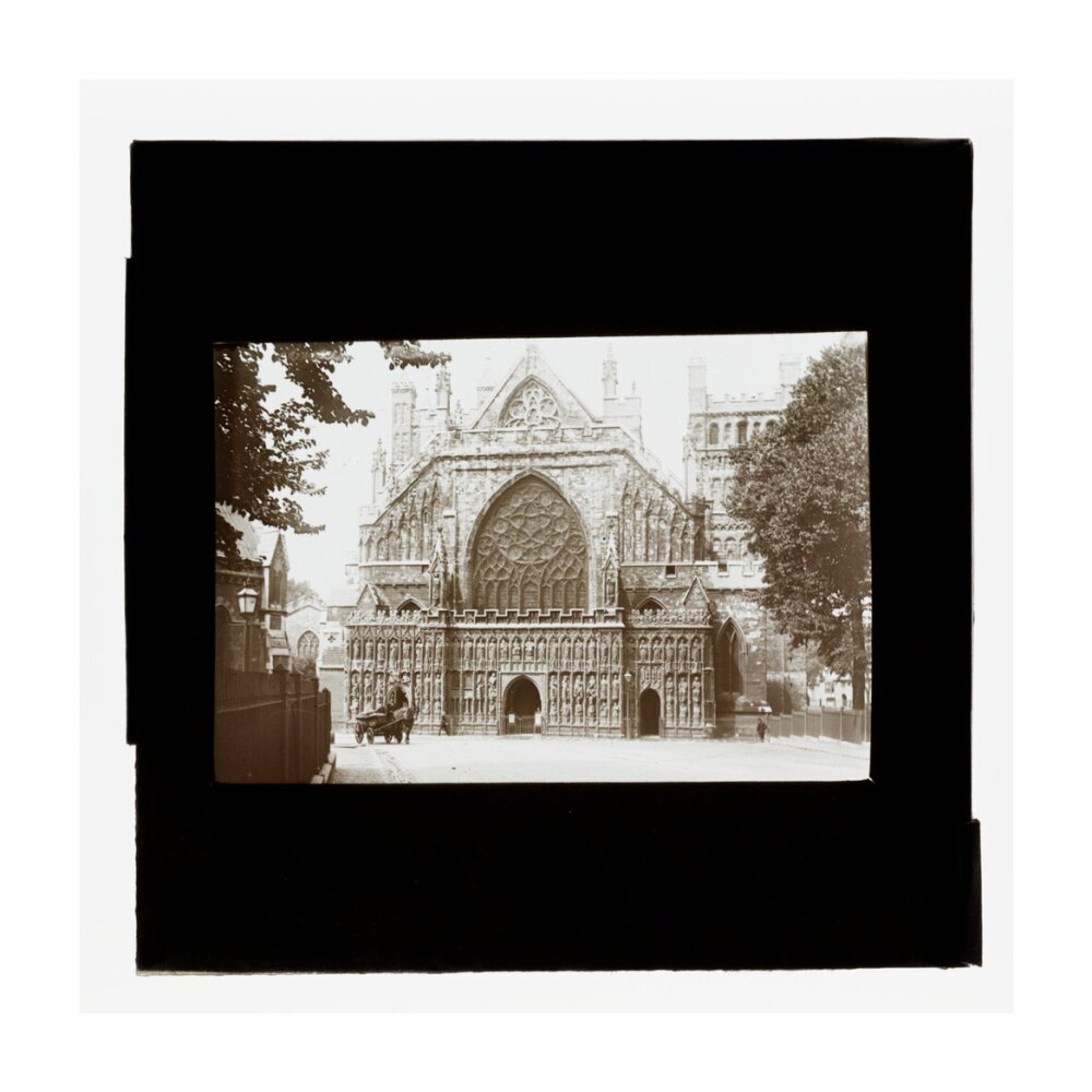 A magic lantern slide showing the west front of Exeter Cathdral by Birt Acres, c. 1893. unstretched canvas large none Art Print - Science Museum Shop