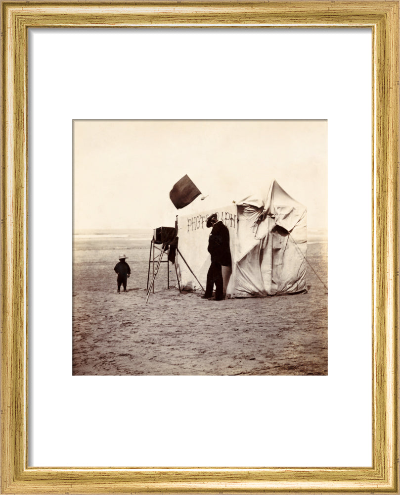 Snap-shot of a beach photographer at Whitby, North Yorkshire, c 1900s. art print extra small gold Art Print - Science Museum Shop