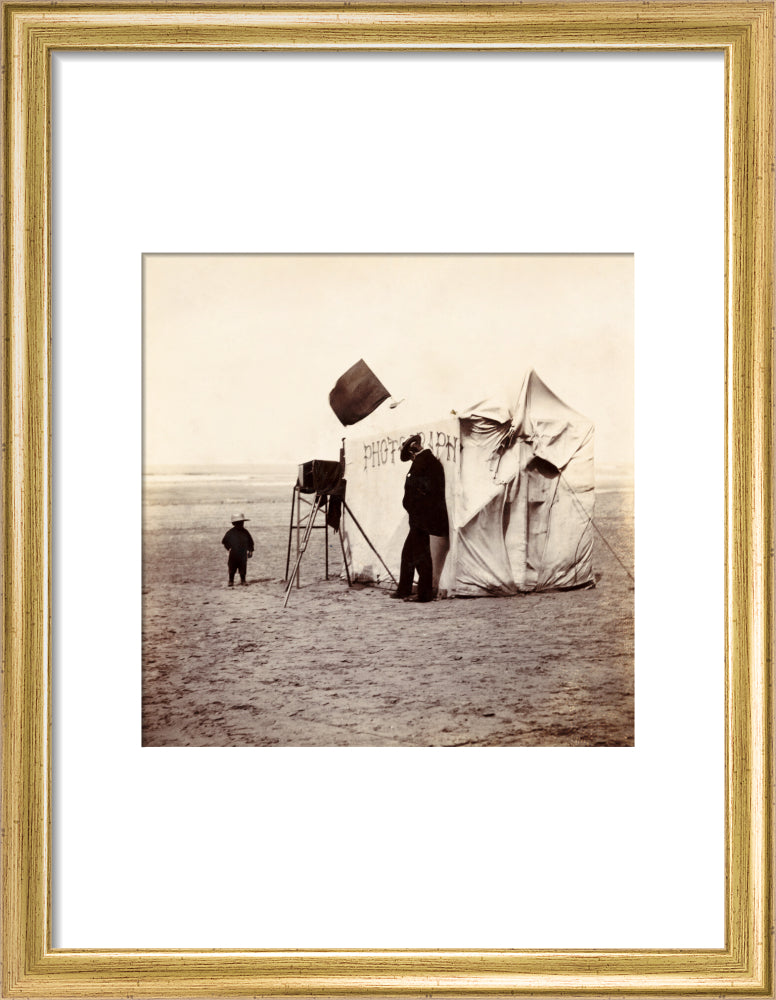 Snap-shot of a beach photographer at Whitby, North Yorkshire, c 1900s. art print small gold Art Print - Science Museum Shop