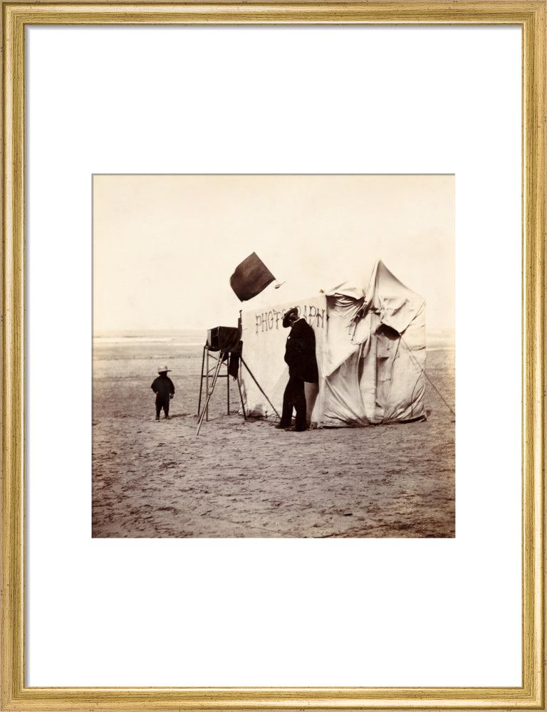 Snap-shot of a beach photographer at Whitby, North Yorkshire, c 1900s. art print medium gold Art Print - Science Museum Shop