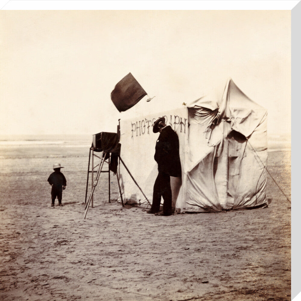 Snap-shot of a beach photographer at Whitby, North Yorkshire, c 1900s. stretched canvas large none Art Print - Science Museum Shop