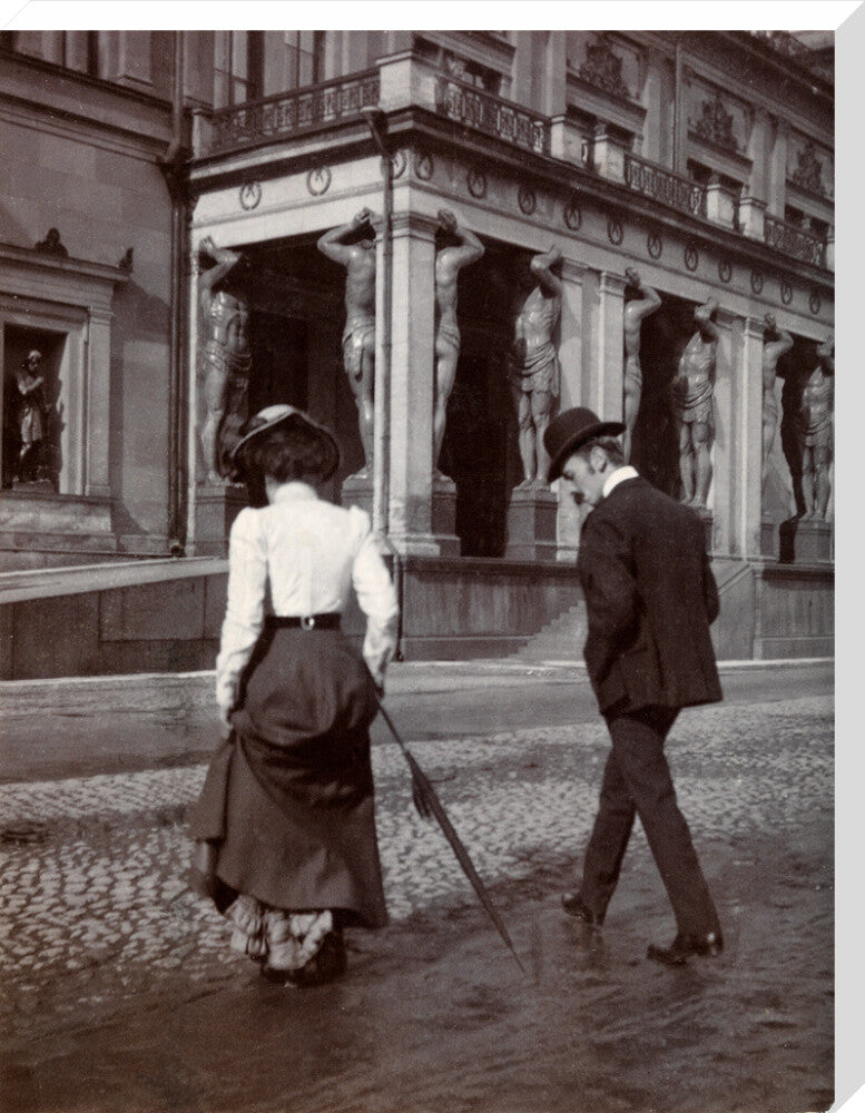 Man and woman crossing the road circa 1900 stretched canvas extra large none Art Print - Science Museum Shop