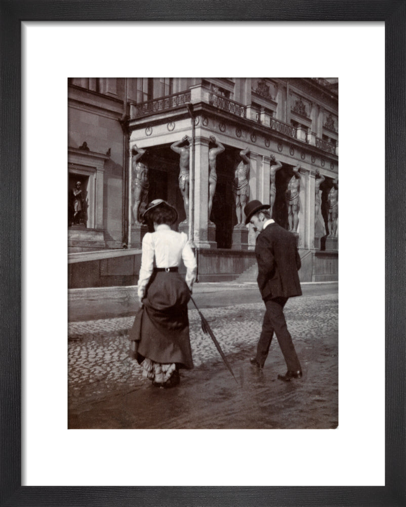 Man and woman crossing the road circa 1900 art print extra small black Art Print - Science Museum Shop