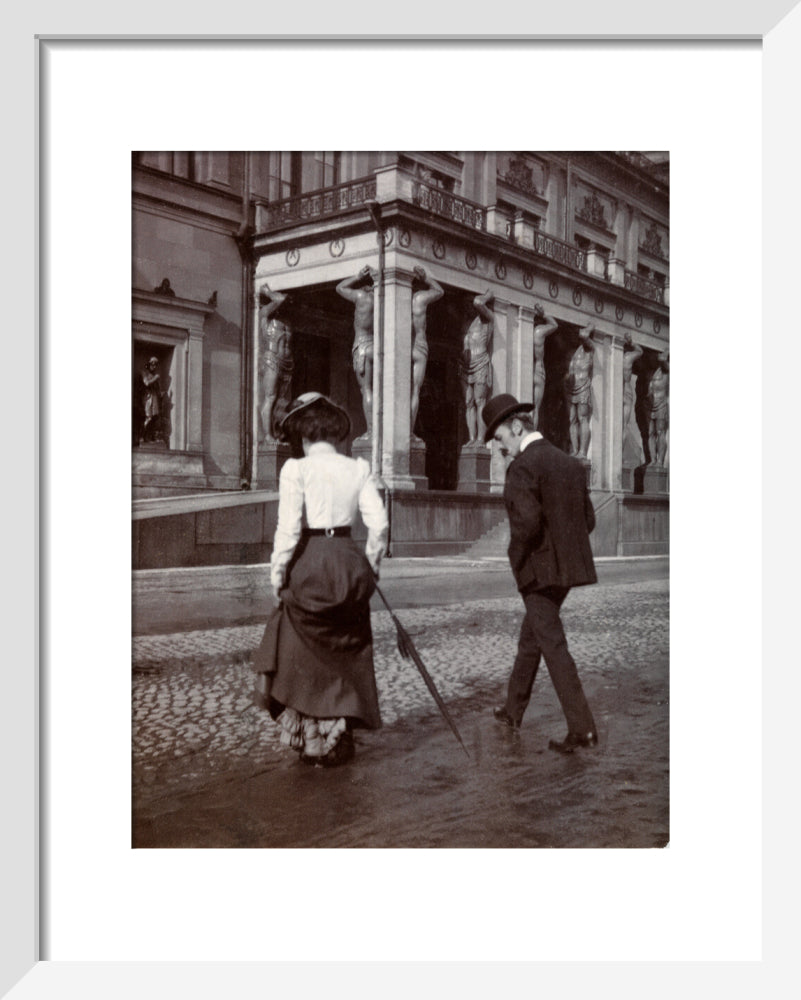 Man and woman crossing the road circa 1900 art print extra small white Art Print - Science Museum Shop
