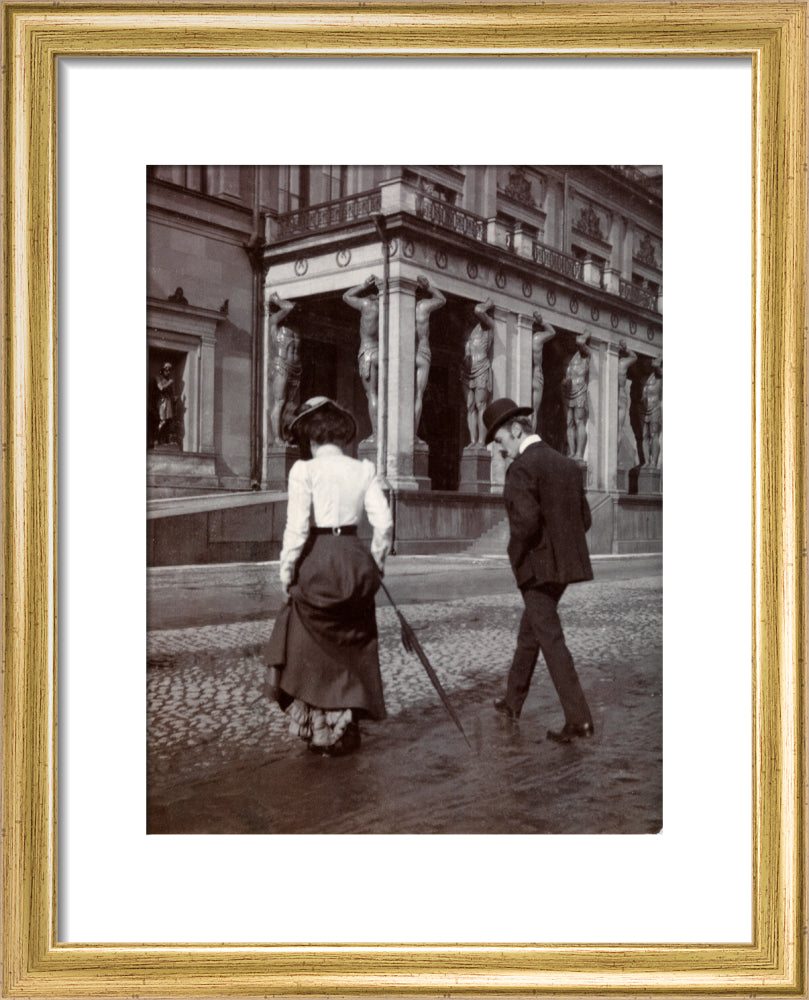 Man and woman crossing the road circa 1900 art print extra small gold Art Print - Science Museum Shop