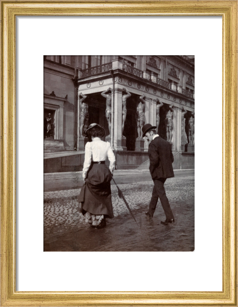 Man and woman crossing the road circa 1900 art print small gold Art Print - Science Museum Shop