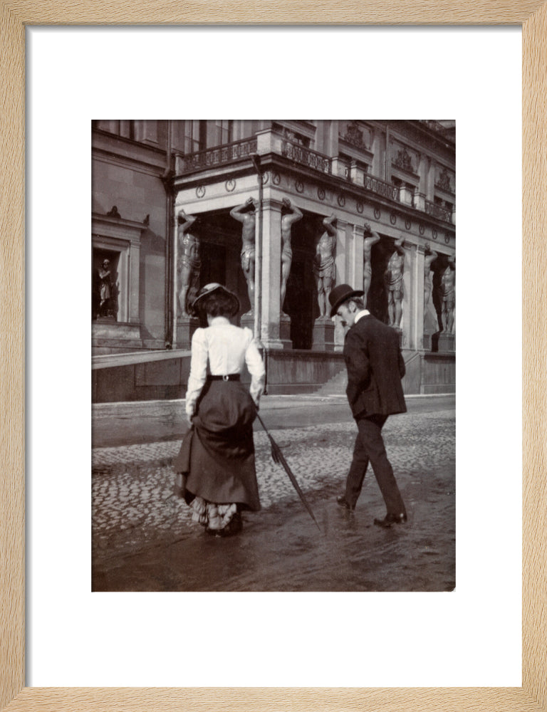 Man and woman crossing the road circa 1900 art print small natural Art Print - Science Museum Shop
