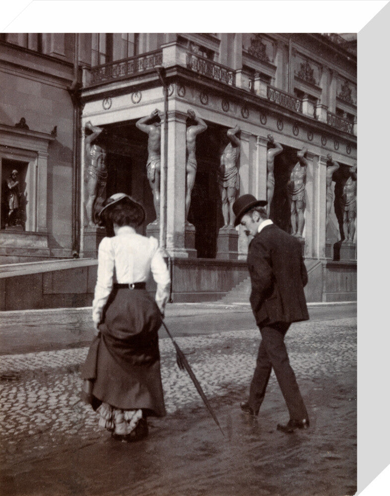 Man and woman crossing the road circa 1900 stretched canvas small none Art Print - Science Museum Shop