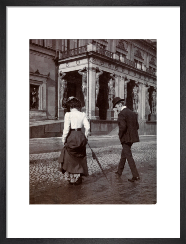 Man and woman crossing the road circa 1900 art print medium black Art Print - Science Museum Shop