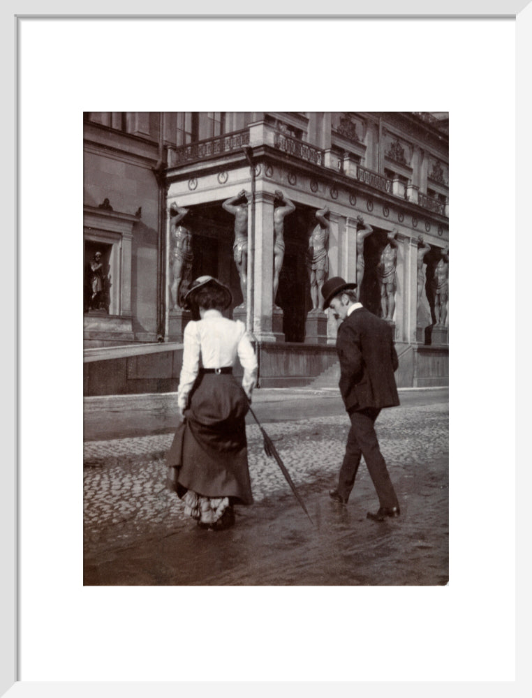 Man and woman crossing the road circa 1900 art print medium white Art Print - Science Museum Shop