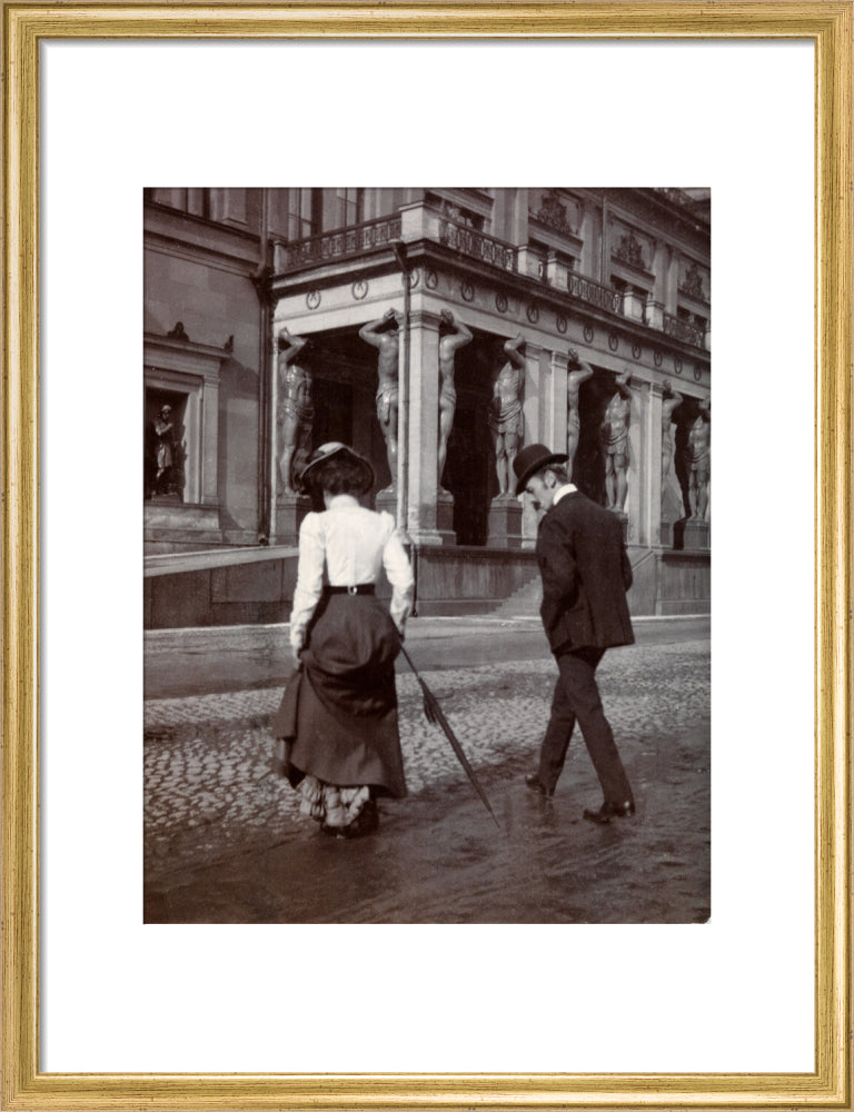 Man and woman crossing the road circa 1900 art print medium gold Art Print - Science Museum Shop
