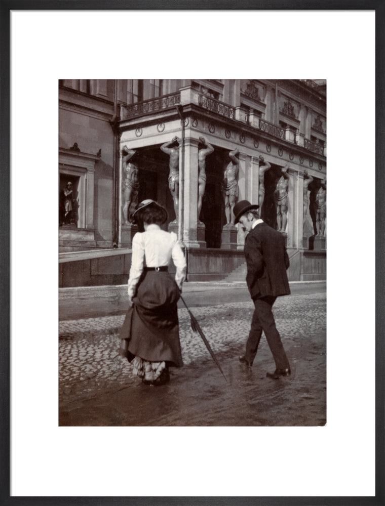Man and woman crossing the road circa 1900 art print large black Art Print - Science Museum Shop
