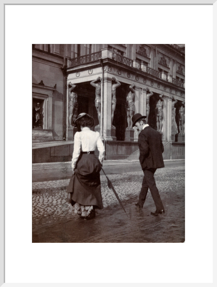 Man and woman crossing the road circa 1900 art print extra large white Art Print - Science Museum Shop