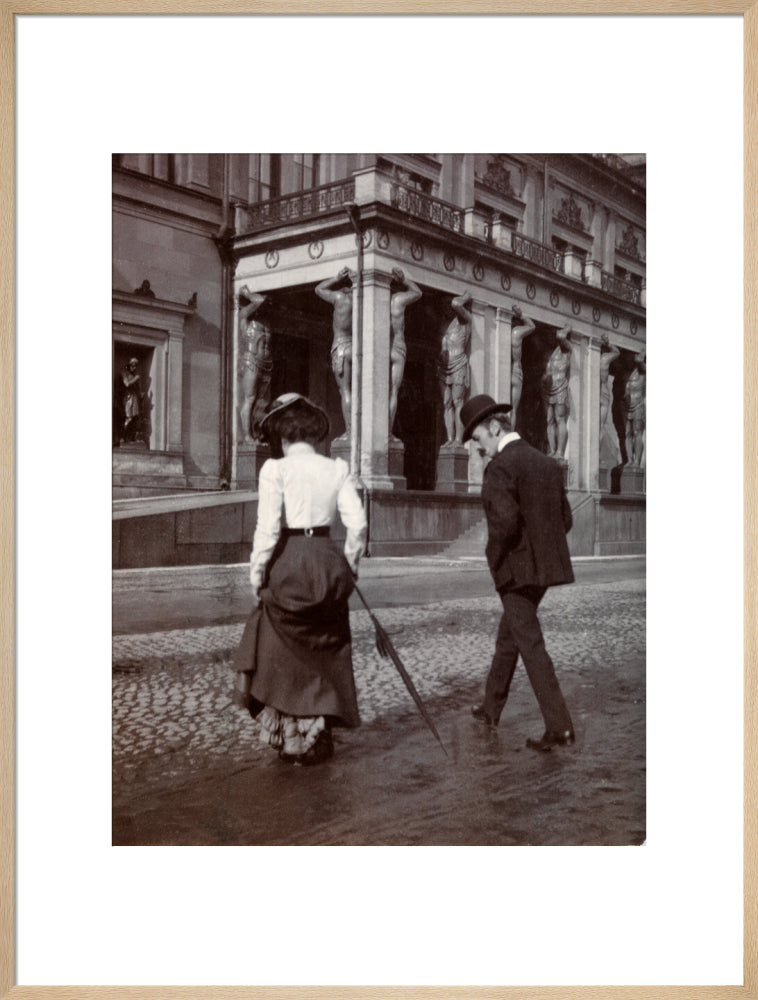 Man and woman crossing the road circa 1900 art print extra large natural Art Print - Science Museum Shop