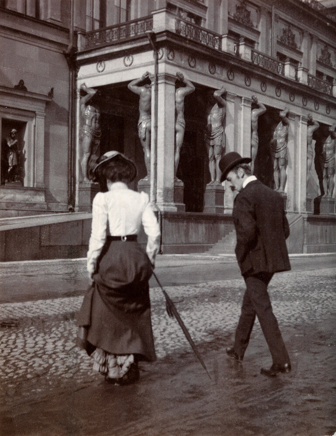 Man and woman crossing the road circa 1900 Art Print - Science Museum Shop