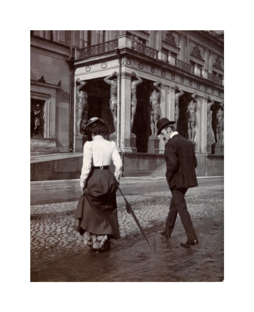Man and woman crossing the road circa 1900 unstretched canvas medium none Art Print - Science Museum Shop