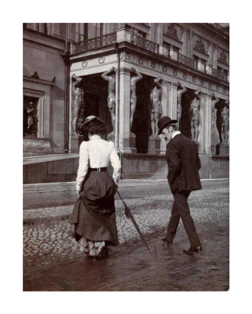 Man and woman crossing the road circa 1900 unstretched canvas large none Art Print - Science Museum Shop
