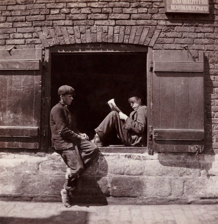 Two boys sitting on a window ledge, c 1905. Art Print - Science Museum Shop