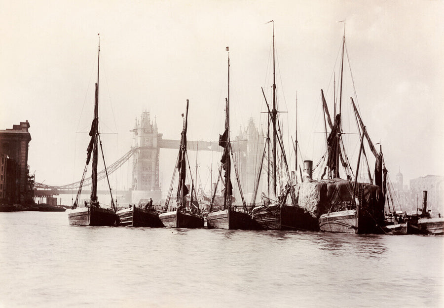 Boats moored at Tower Bridge, 1890s. Art Print - Science Museum Shop