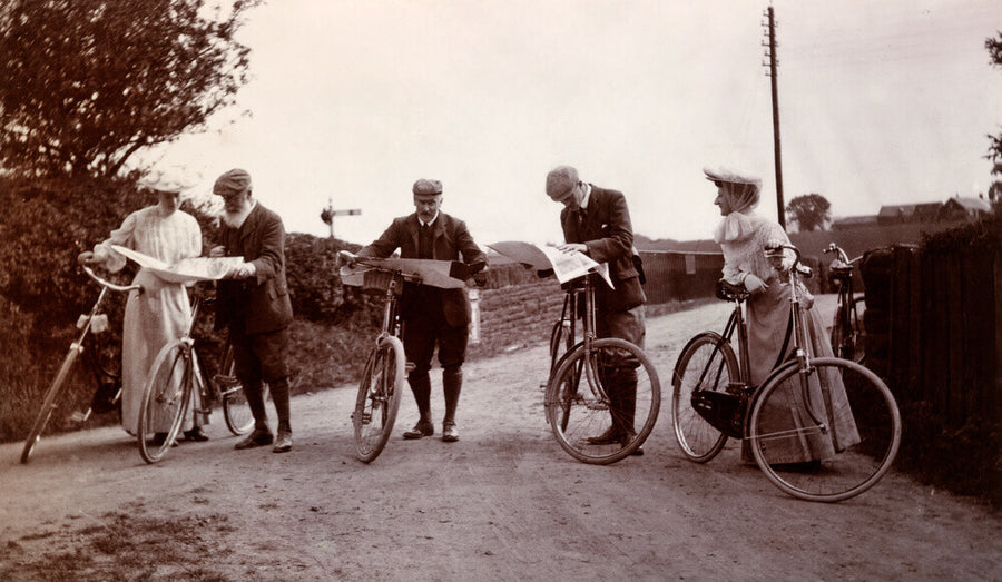 Cyclists looking at maps, c 1900. Art Print - Science Museum Shop