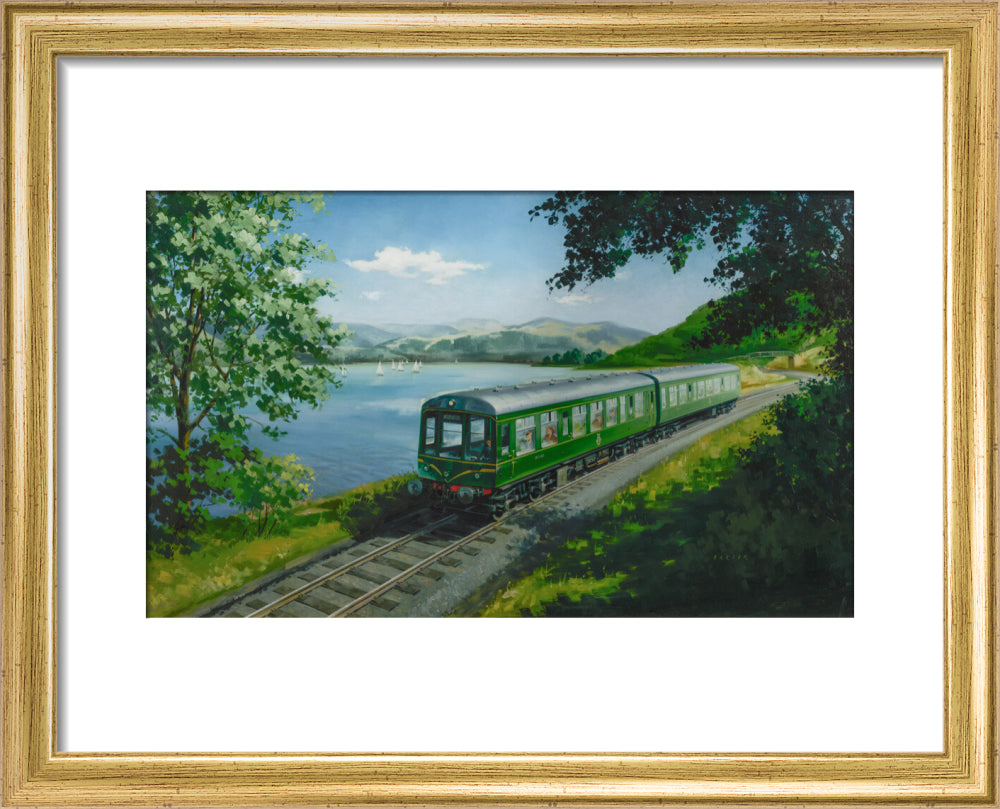 A Diesel Train on the Shore of Bassenthwaite Lake, near Keswick, Cumberland art print extra small gold Art Print - Science Museum Shop