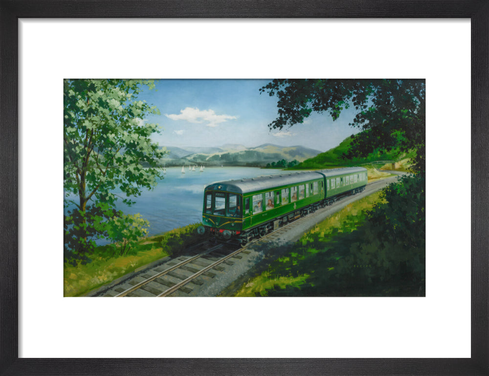 A Diesel Train on the Shore of Bassenthwaite Lake, near Keswick, Cumberland art print small black Art Print - Science Museum Shop