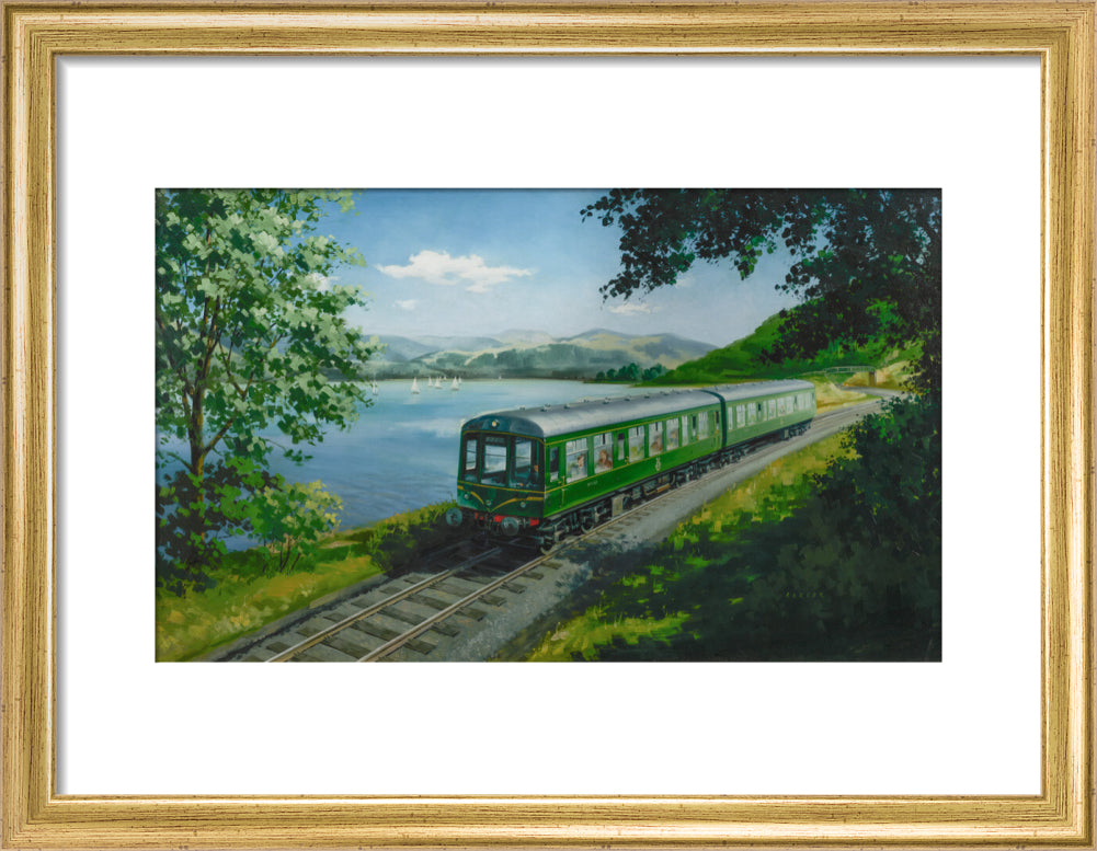 A Diesel Train on the Shore of Bassenthwaite Lake, near Keswick, Cumberland art print small gold Art Print - Science Museum Shop