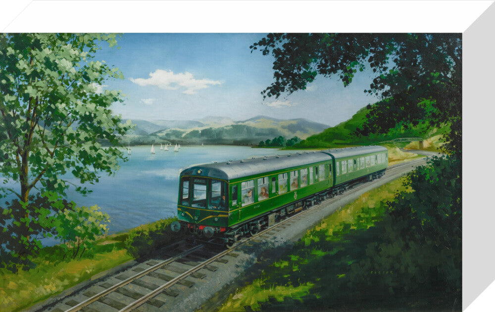 A Diesel Train on the Shore of Bassenthwaite Lake, near Keswick, Cumberland stretched canvas small none Art Print - Science Museum Shop