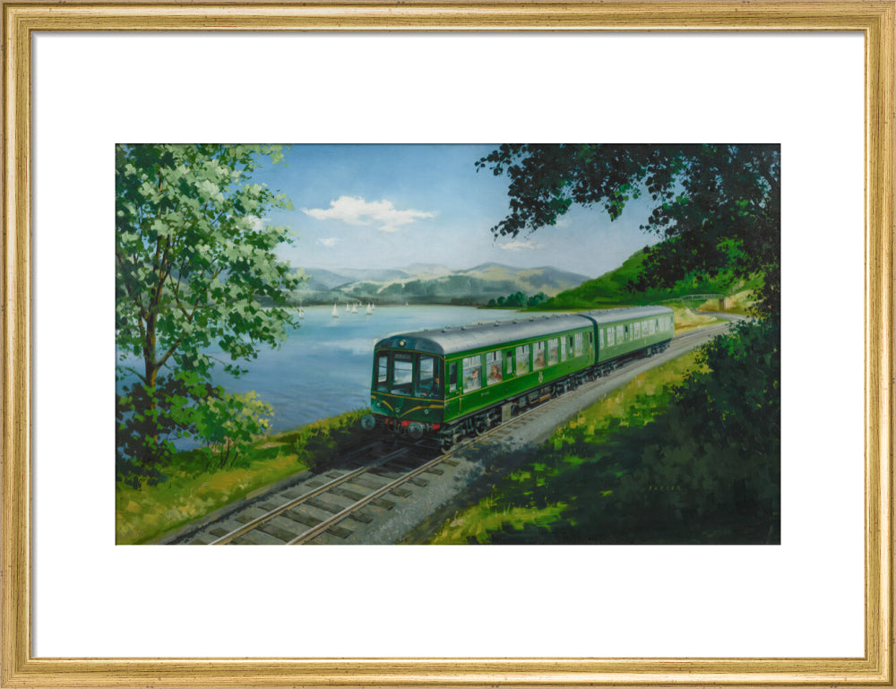 A Diesel Train on the Shore of Bassenthwaite Lake, near Keswick, Cumberland art print medium gold Art Print - Science Museum Shop