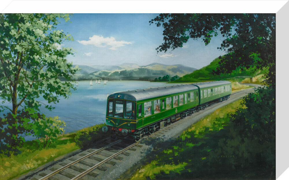 A Diesel Train on the Shore of Bassenthwaite Lake, near Keswick, Cumberland stretched canvas medium none Art Print - Science Museum Shop
