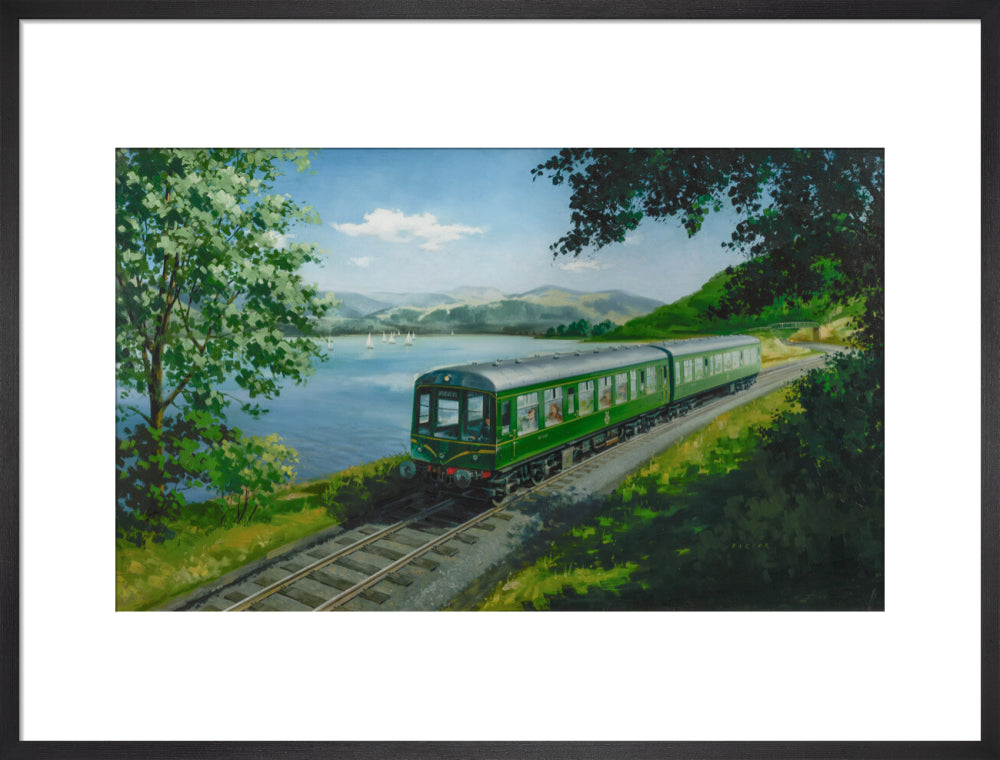A Diesel Train on the Shore of Bassenthwaite Lake, near Keswick, Cumberland art print large black Art Print - Science Museum Shop