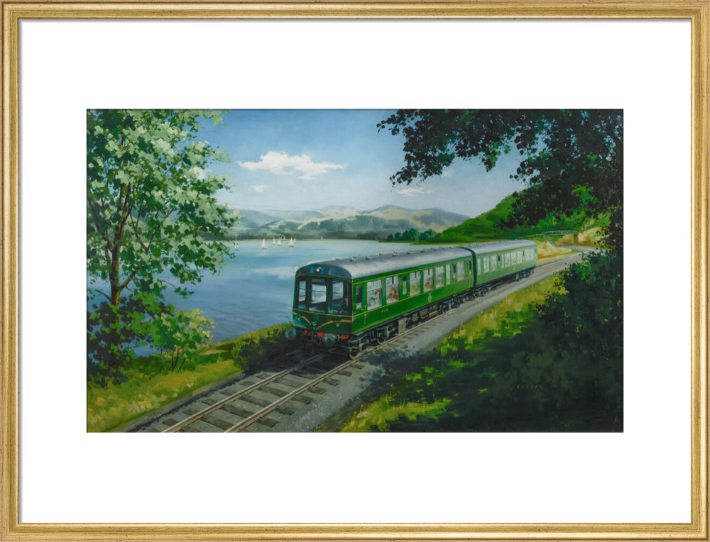 A Diesel Train on the Shore of Bassenthwaite Lake, near Keswick, Cumberland art print large gold Art Print - Science Museum Shop