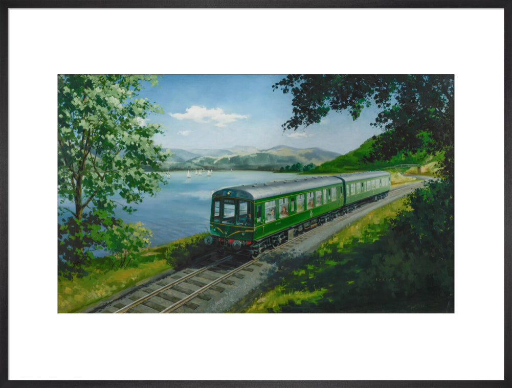 A Diesel Train on the Shore of Bassenthwaite Lake, near Keswick, Cumberland art print extra large black Art Print - Science Museum Shop