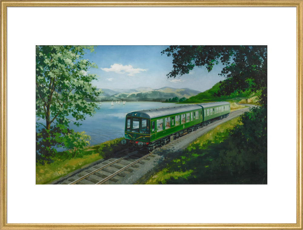 A Diesel Train on the Shore of Bassenthwaite Lake, near Keswick, Cumberland art print extra large gold Art Print - Science Museum Shop
