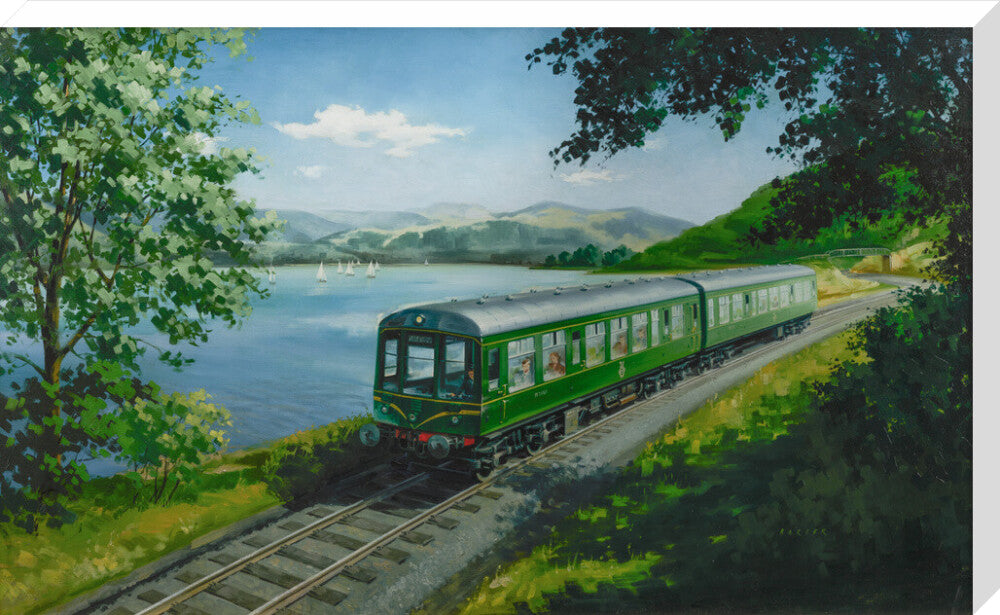 A Diesel Train on the Shore of Bassenthwaite Lake, near Keswick, Cumberland stretched canvas extra large none Art Print - Science Museum Shop