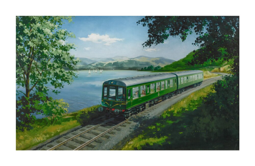 A Diesel Train on the Shore of Bassenthwaite Lake, near Keswick, Cumberland unstretched canvas extra large none Art Print - Science Museum Shop