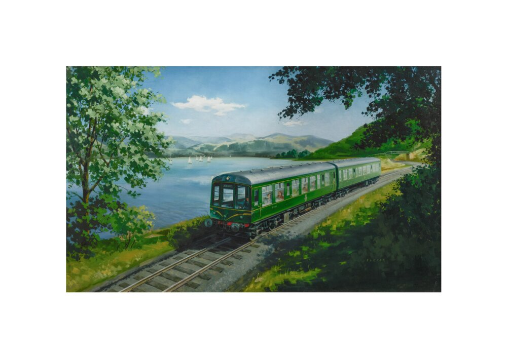 A Diesel Train on the Shore of Bassenthwaite Lake, near Keswick, Cumberland unstretched canvas small none Art Print - Science Museum Shop