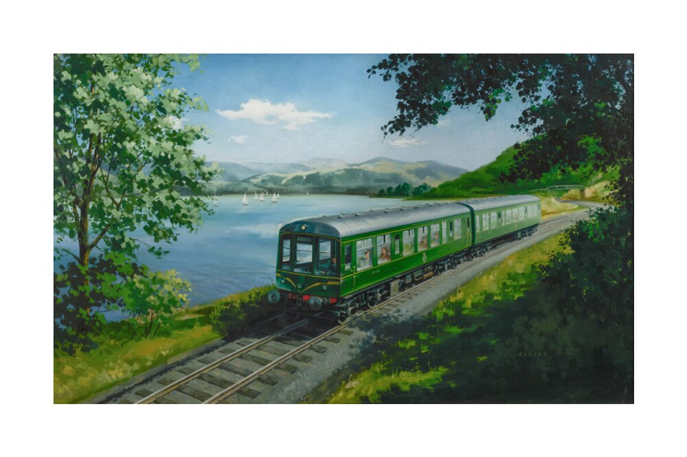 A Diesel Train on the Shore of Bassenthwaite Lake, near Keswick, Cumberland unstretched canvas large none Art Print - Science Museum Shop