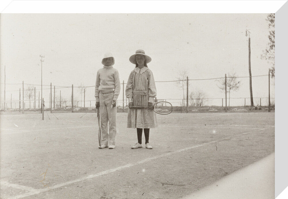 H. H. Prince Nikita Alexandrovitch and Atia Staroselsky on the tennis court, both are holding rackets. stretched canvas medium none Art Print - Science Museum Shop
