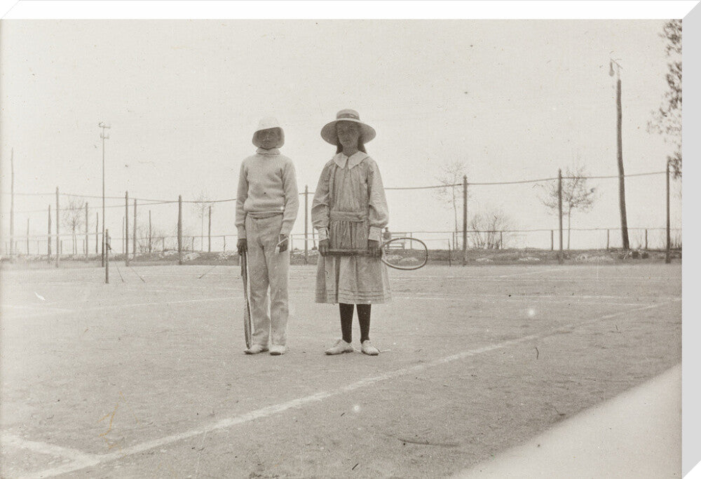 H. H. Prince Nikita Alexandrovitch and Atia Staroselsky on the tennis court, both are holding rackets. stretched canvas extra large none Art Print - Science Museum Shop