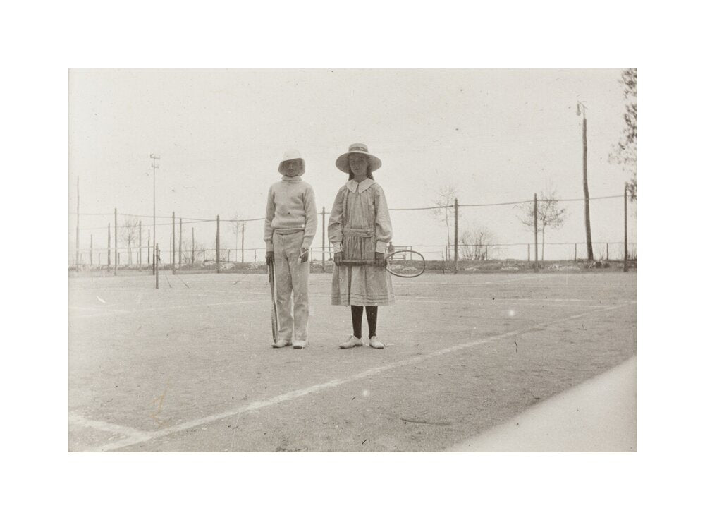 H. H. Prince Nikita Alexandrovitch and Atia Staroselsky on the tennis court, both are holding rackets. unstretched canvas medium none Art Print - Science Museum Shop