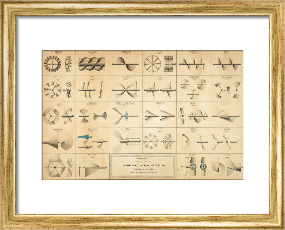 Twenty eight drawings of screw propellers, drawn by Edward J. Powell art print extra small gold Art Print - Science Museum Shop