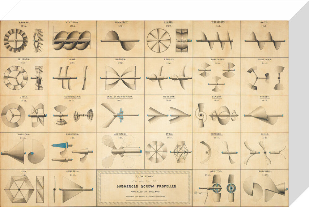 Twenty eight drawings of screw propellers, drawn by Edward J. Powell stretched canvas small none Art Print - Science Museum Shop